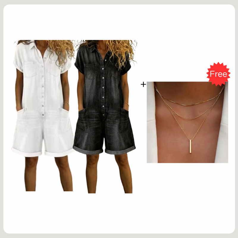 👖✨ Macacão jeans feminino de manga curta confortável e estiloso para looks casuais do dia a dia