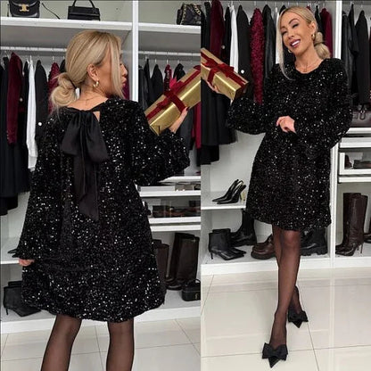 💃Begrenset tid 49 % rabatt🎀Dans hele natten Paljettrygg med sløyfe Løs mini-kjole🎀