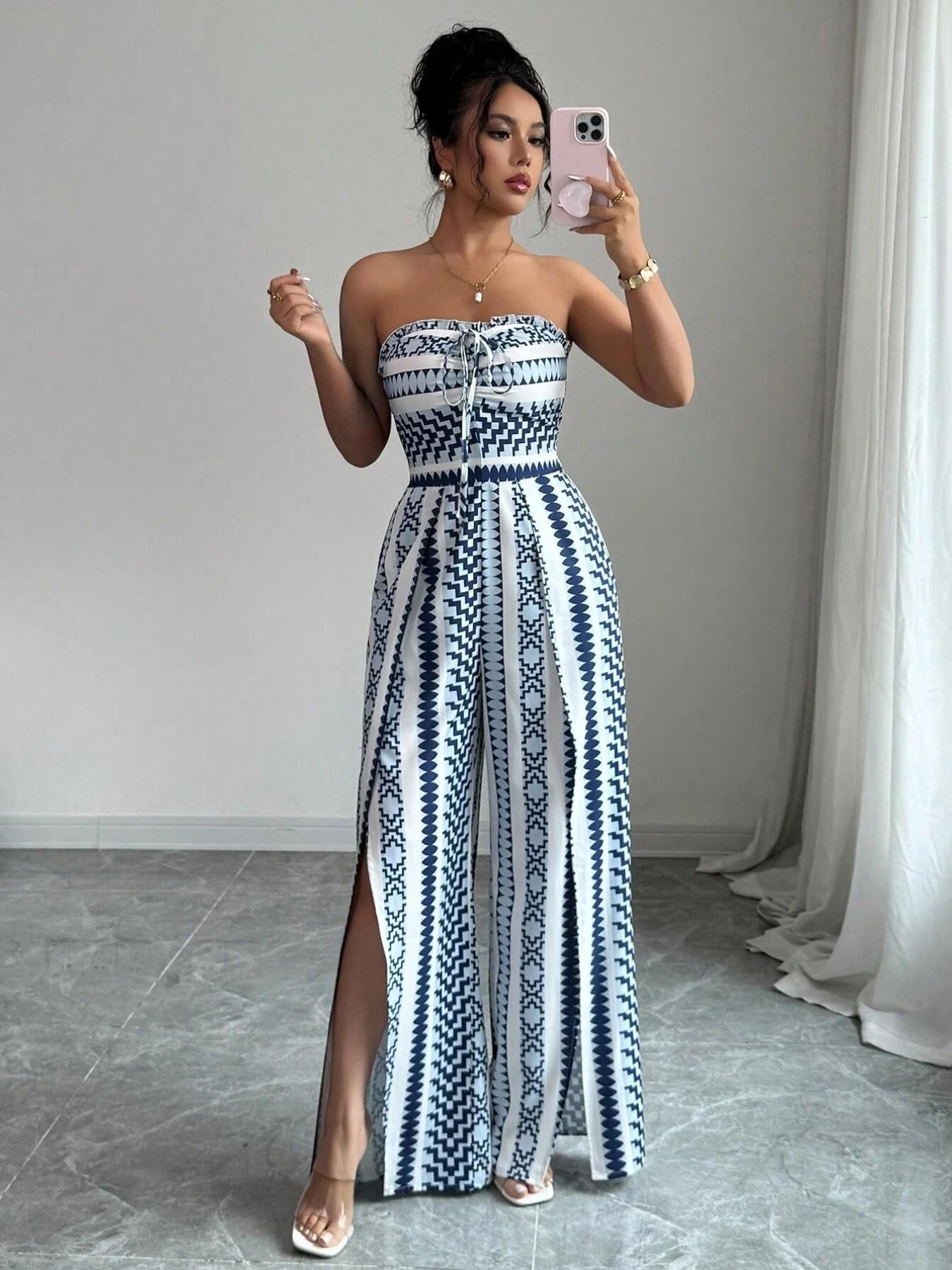 ✨👗 Macacão feminino geométrico com decote halter e fenda lateral – elegante e moderno