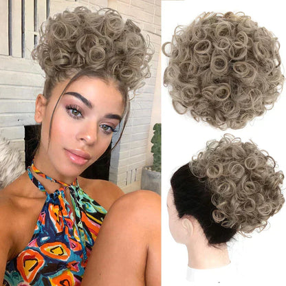 ✨ Aplique de Cabelo Curto e Cacheado – Coque Volumoso com Cordão Elástico para Um Visual Instantâneo
