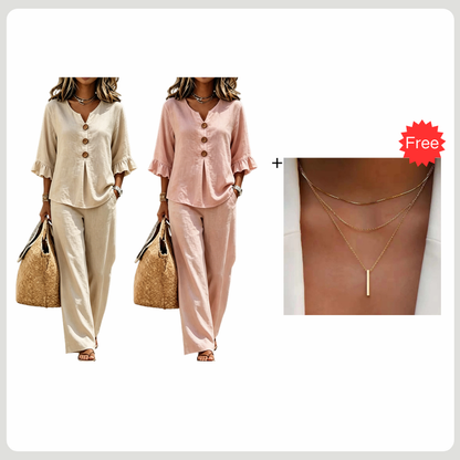 ✨👗 Conjunto de descanso elegante com decote em V leve, confortável e estiloso para o dia a dia