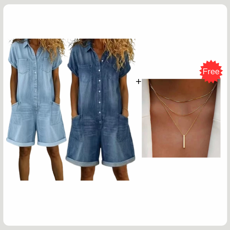 👖✨ Macacão jeans feminino de manga curta confortável e estiloso para looks casuais do dia a dia