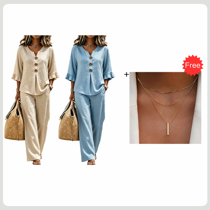 ✨👗 Conjunto de descanso elegante com decote em V leve, confortável e estiloso para o dia a dia