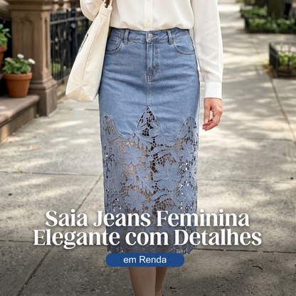 👗✨ Saia jeans feminina com renda floral elegante e cintura alta modeladora