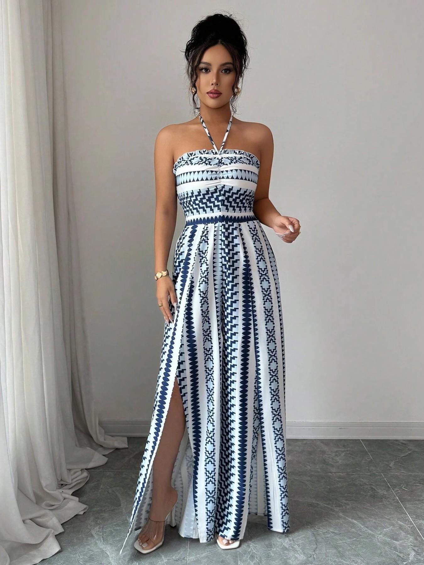 ✨👗 Macacão feminino geométrico com decote halter e fenda lateral – elegante e moderno