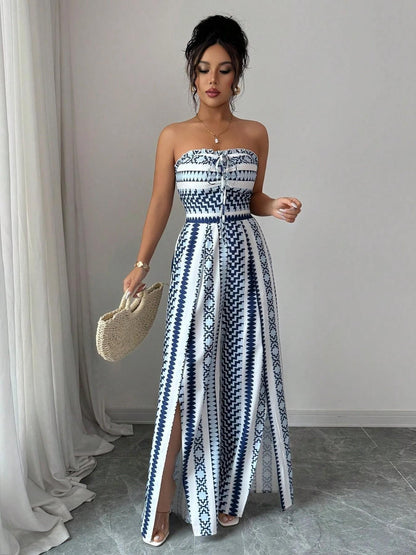 ✨👗 Macacão feminino geométrico com decote halter e fenda lateral – elegante e moderno