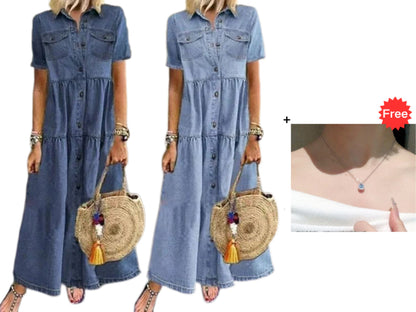 ✨👗 Vestido maxi jeans vintage feminino – elegante, confortável e versátil