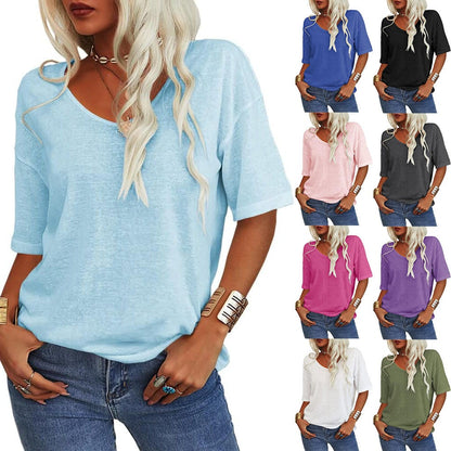🎀Hot Sale -50% Off👚Women's Solid Color V-Neck T-shirt