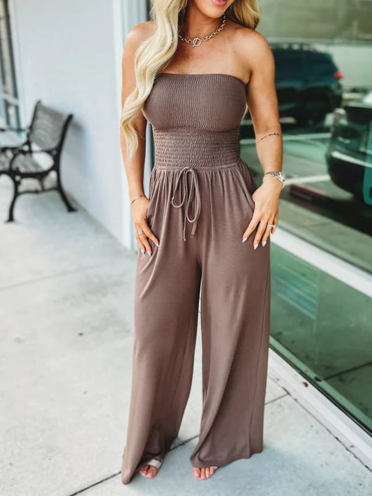 🔥2024 Hot Sale 49%-OFF🔥Off Shoulder Solid Color Smocked Jumpsuit