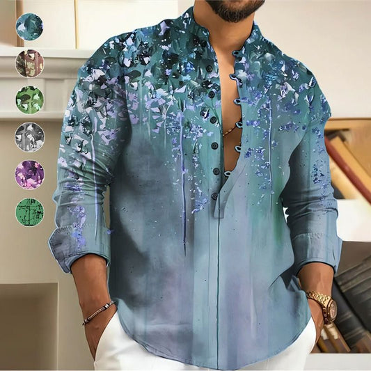 Men's Stand Collar Casual Print Long-sleeve Shirt