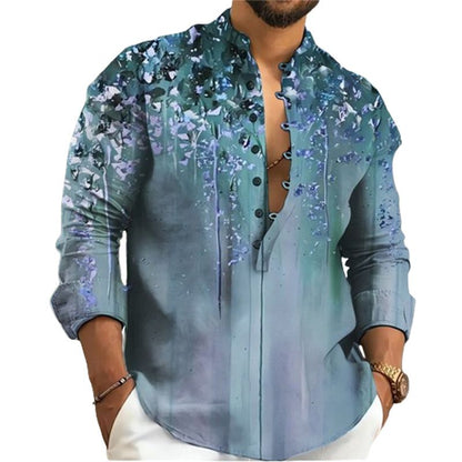 Men's Stand Collar Casual Print Long-sleeve Shirt