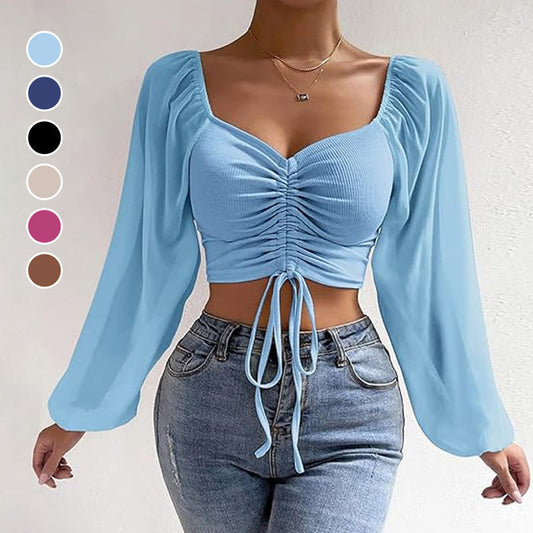 Women’s  Slim Lantern Sleeve Drawstring Ruched Crop Top