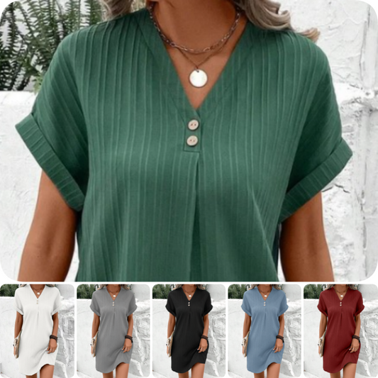 Simple Solid Color V-Neck Short Sleeve Dress for Women