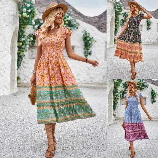 Elegant Bohemian Style V-Neck Patchwork Dress