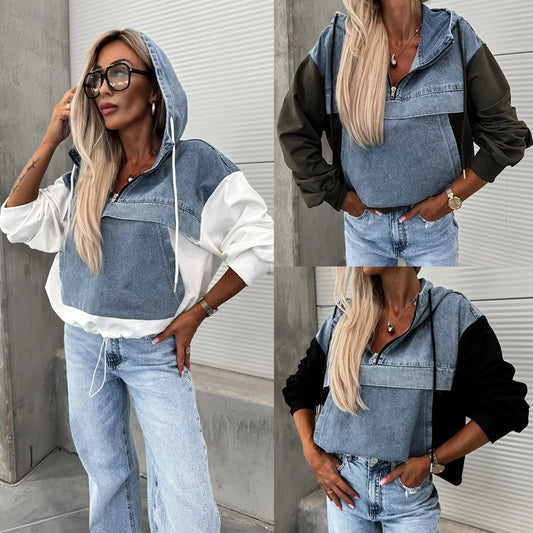 Women's Layered Hoodie Denim Jacket with Drawstring