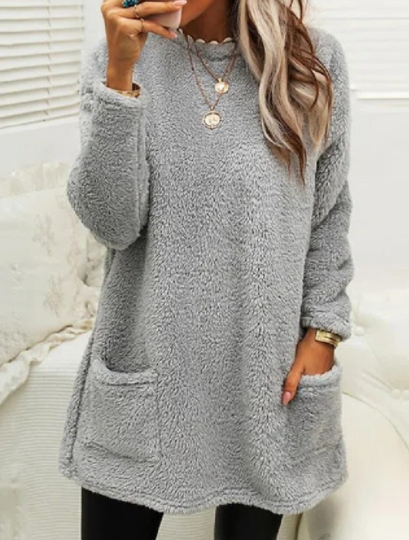 Pocket Crew Neck Casual Warm Long Sleeve T-Shirt Dress