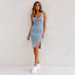 👗💙 Vestido jeans feminino alça com decote U e fenda – elegante e sexy casual