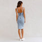 👗💙 Vestido jeans feminino alça com decote U e fenda – elegante e sexy casual