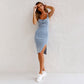 👗💙 Vestido jeans feminino alça com decote U e fenda – elegante e sexy casual