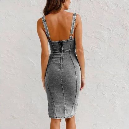 👗💙 Vestido jeans feminino alça com decote U e fenda – elegante e sexy casual
