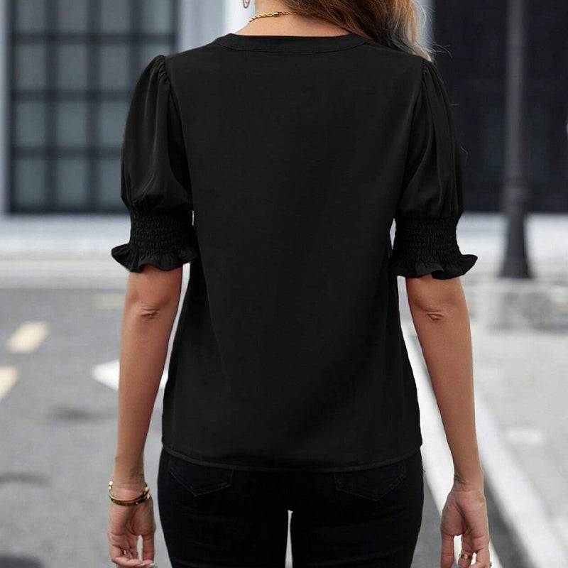 Blusa feminina elegante com decote em V e mangas bufantes