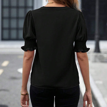 Blusa feminina elegante com decote em V e mangas bufantes