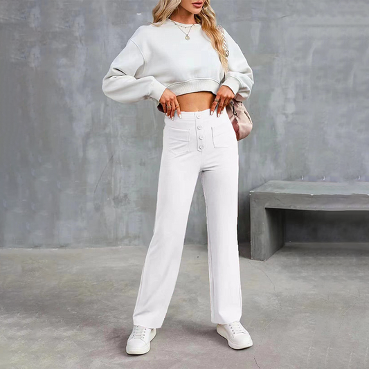 👖✨ Calça feminina cintura alta com perna larga – elegante, confortável e elástica