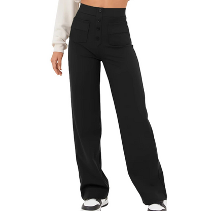 👖✨ Calça feminina cintura alta com perna larga – elegante, confortável e elástica