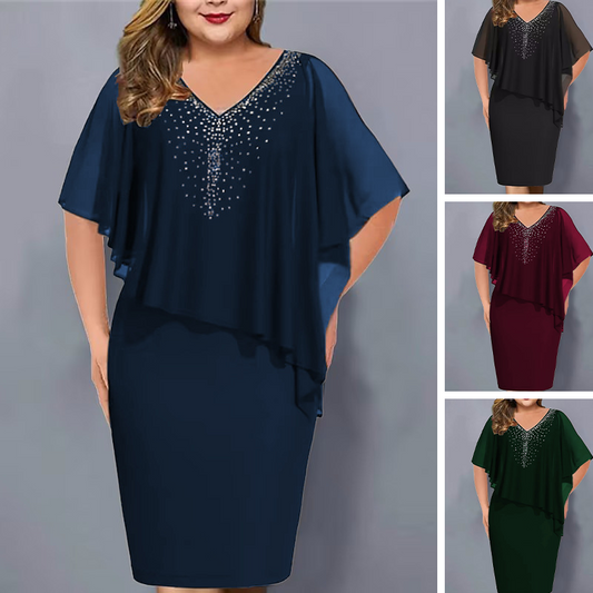 🌸Promoções de Verão 2026💐Vestido-capa com decote em V e strass, com sobreposição de chiffon