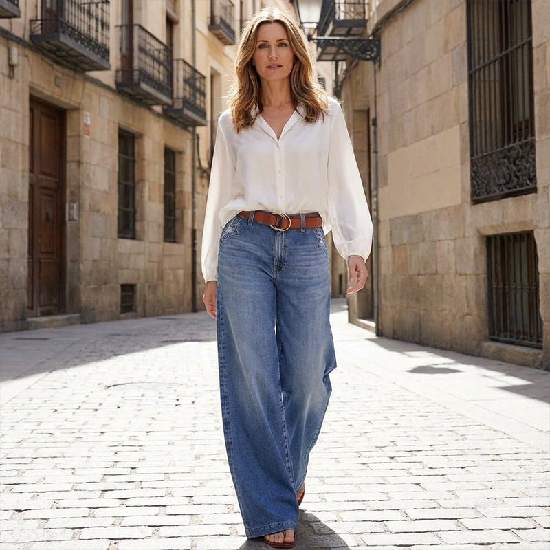 Jeans vintage femininos de cintura alta e perna larga