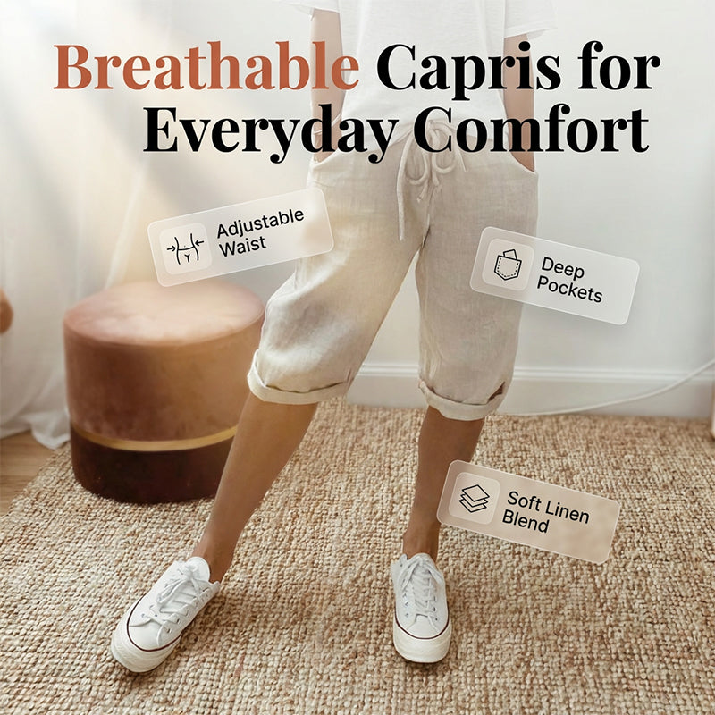 ⏳Oferta por tempo limitado com 50% de desconto! 👖⏰Calças capri femininas casuais em algodão e linho – Respiráveis, confortáveis e com um toque de elegância sem esforço 🌿✨