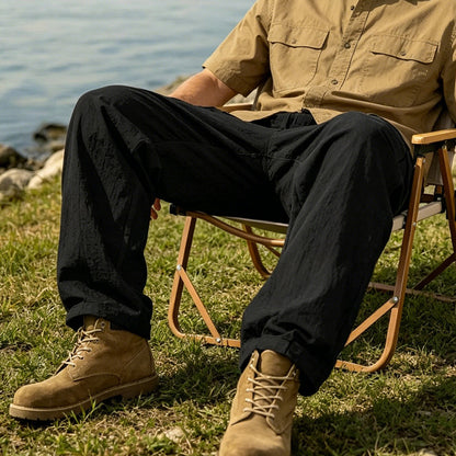 👖 DESCONTO DE 50% POR TEMPO LIMITADO! ✨ Calças cargo de algodão e linho para homem com cordão na cintura – respiráveis, corte descontraído, vários bolsos 🏔️