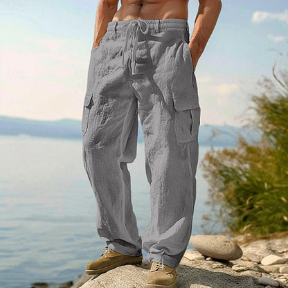 👖 DESCONTO DE 50% POR TEMPO LIMITADO! ✨ Calças cargo de algodão e linho para homem com cordão na cintura – respiráveis, corte descontraído, vários bolsos 🏔️