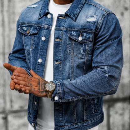 🔥 50% OFF HOJE! ✨ Jaqueta jeans masculina casual com lavagem vintage e efeito desgastado