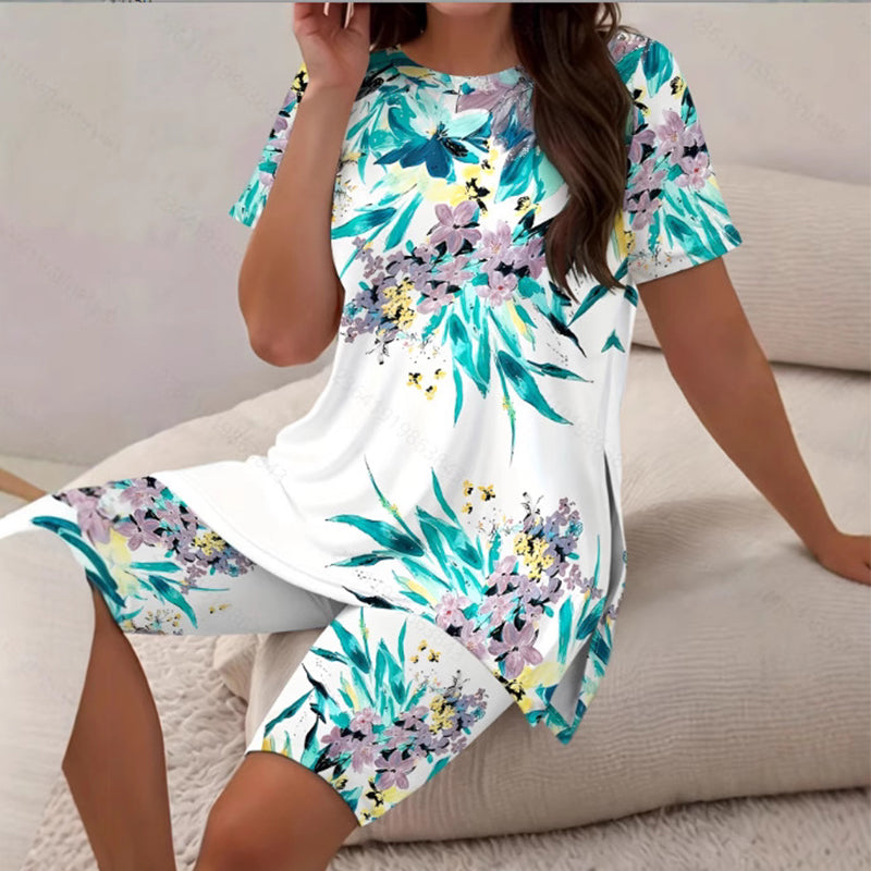 🌈✨ PROMOÇÃO RELÂMPAGO 50% DE DESCONTO! 👚 Conjunto feminino de túnica e shorts estampados – Modelagem solta, fenda lateral e estampas vibrantes por toda a peça 🩳