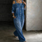 👗✨ Macacão feminino jeans de ombro à mostra com caimento largo que valoriza o corpo com estilo moderno
