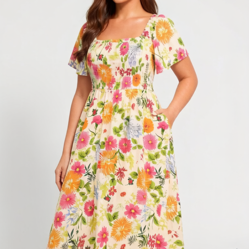 🌸👗 Vestido midi floral elegante com decote quadrado e bolsos – leve e feminino