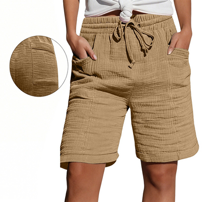 🩳✨ Shorts feminino de cintura alta com cordão ajustável e bolsos para conforto diário
