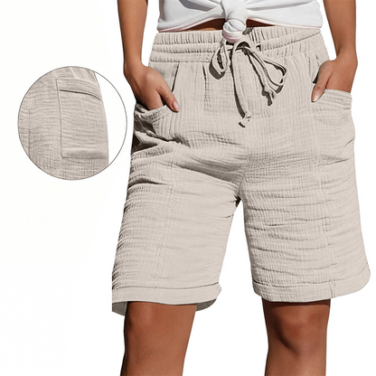 🩳✨ Shorts feminino de cintura alta com cordão ajustável e bolsos para conforto diário