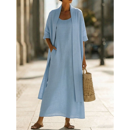 👗✨ Conjunto feminino de vestido maxi com cardigan leve que combina elegância e conforto diário