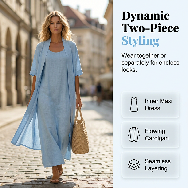 👗✨ Conjunto feminino de vestido maxi com cardigan leve que combina elegância e conforto diário
