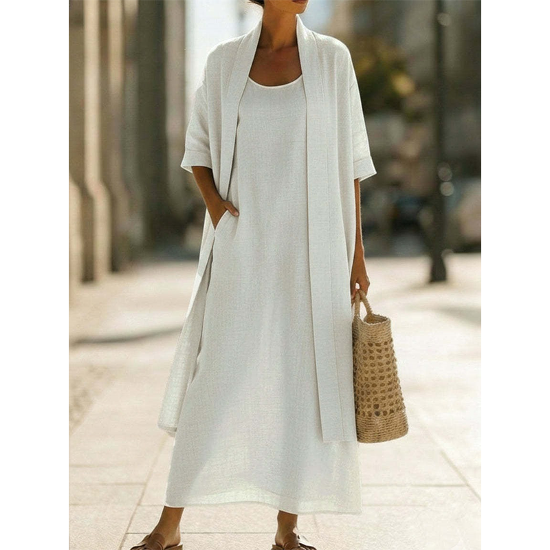 👗✨ Conjunto feminino de vestido maxi com cardigan leve que combina elegância e conforto diário