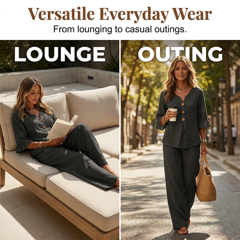 ✨👗 Conjunto de descanso elegante com decote em V leve, confortável e estiloso para o dia a dia