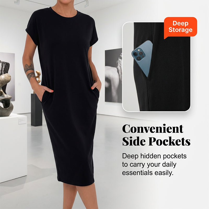 ✨👗 Vestido feminino midi leve e confortável com bolsos para o dia a dia