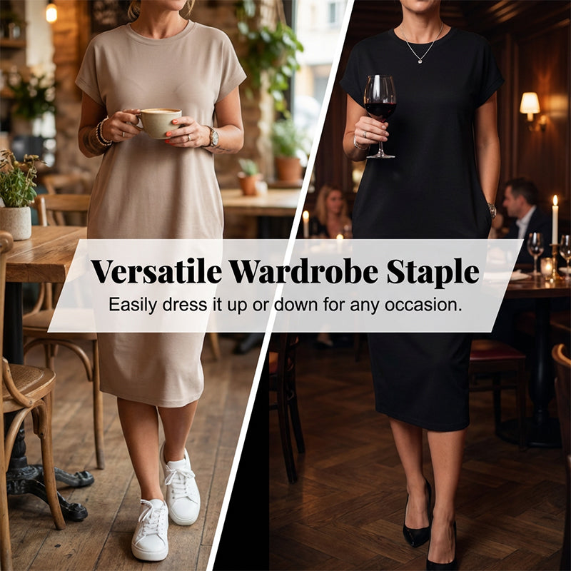 ✨👗 Vestido feminino midi leve e confortável com bolsos para o dia a dia
