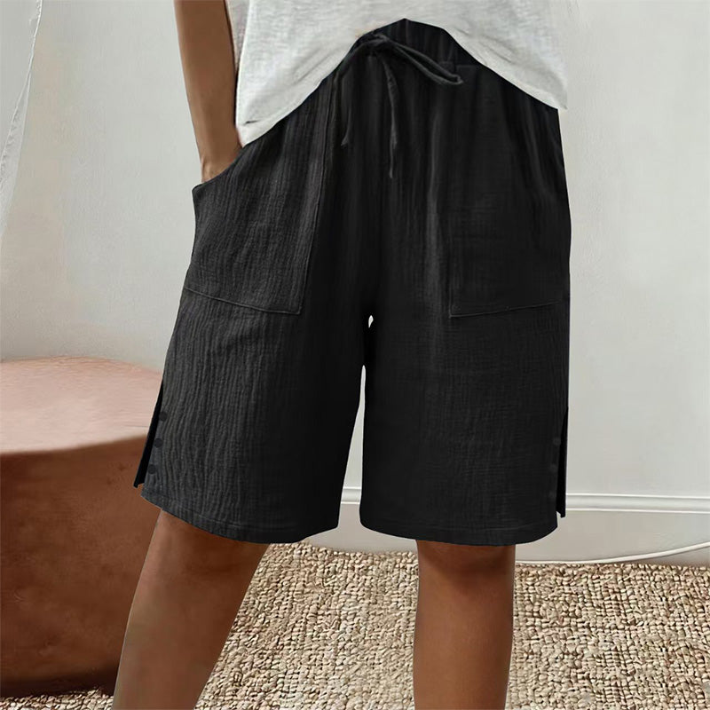 🩳✨ Shorts feminino de verão com cintura ajustável e detalhe elegante de botões laterais