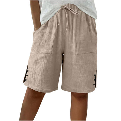 🩳✨ Shorts feminino de verão com cintura ajustável e detalhe elegante de botões laterais