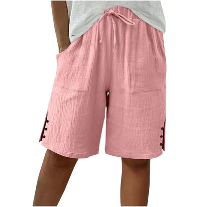 🩳✨ Shorts feminino de verão com cintura ajustável e detalhe elegante de botões laterais