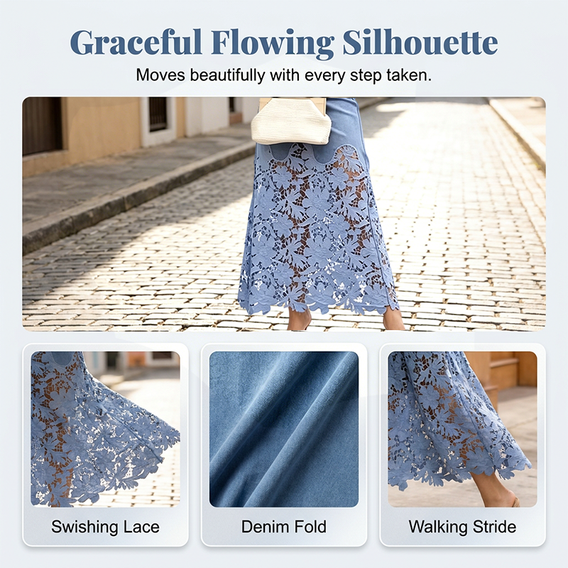 👗✨ Saia jeans feminina com renda floral elegante e cintura alta modeladora