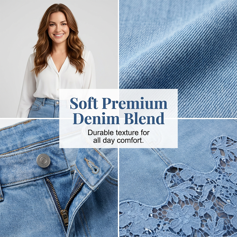 👗✨ Saia jeans feminina com renda floral elegante e cintura alta modeladora